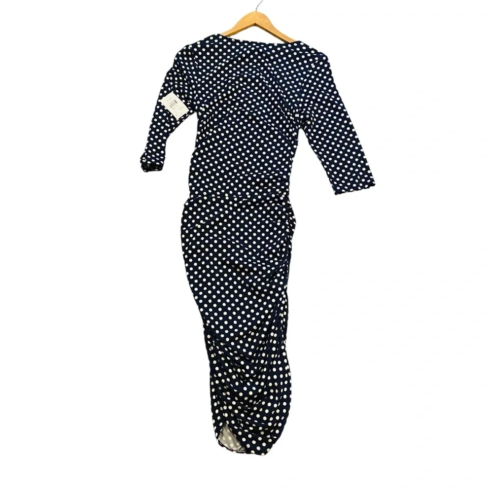 SUPERFOXX NWT NAVY & WHITE Polka Dot Fitted Ruched Midi DRESS - Picture 2 of 6